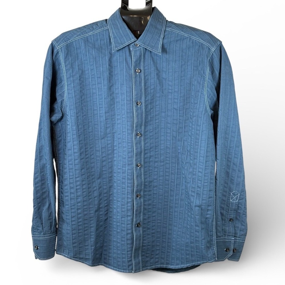 Cultura Mens Blue Textured Stripe Button Down Shirt Contrast Stitch Size L‎
